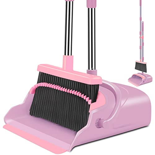 Broom and Dustpan Set for Home, Office, Indoor&Outdoor Sweeping, Stand Up Broom and Dustpan (Pink) - color: Pink