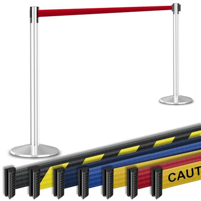 Commercial-Grade Stanchion 2-Pack by Visiontron – RETRACTA-Belt Prime (Model P100PS1) 10’ Retractable Belt Barrier - Heavy Base Crowd Control Barrier (Polished Stainless Steel w/Res Belt) - color: Polished Stainless Steel Post w/ Red Belt