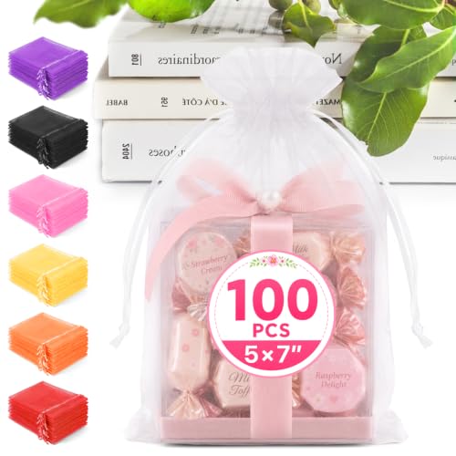 ANZNKU 100PCS Organza Bags 5x7 White Small Gift Mesh Drawstring Goodie Bags - color: White
