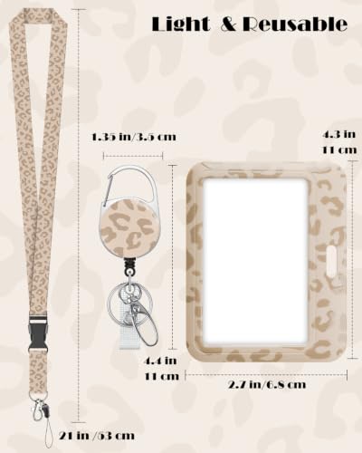 Uniclife Cute ID Badge Holder with Retractable Badge Reel & Lanyard, 2 Pack - color: Light Brown Leopard Print-horizontal