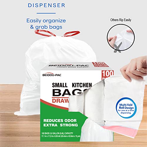 BEIDOU-PAC Trash Bags 2.6 Gallon Drawstring, 100 Count, Multifold Roll Garbage Bags, Small Kitchen Trash Bags, Odorless & Extra Thick White Plastic Food Scrap Bag for Home Office Bathroom Kitchen Bins - style: 2.6 Gallon |100 Count