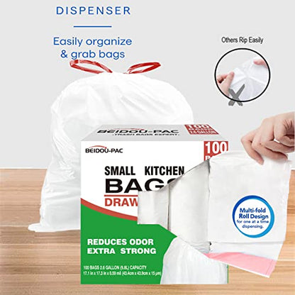 BEIDOU-PAC Trash Bags 2.6 Gallon Drawstring, 100 Count, Multifold Roll Garbage Bags, Small Kitchen Trash Bags, Odorless & Extra Thick White Plastic Food Scrap Bag for Home Office Bathroom Kitchen Bins - style: 2.6 Gallon |100 Count
