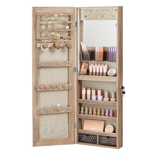 SONGMICS Mirror Jewelry Cabinet Armoire, Wall or Door Mounted, Lockable - color: Camel Brown, style: 42.5-Inch with Built-in Lighted Mirror