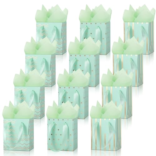 Tenare 12 Pcs Small Gift Bags Bulk,7 x 4 x 9 Inch,Green Gold - color: Green Gold, size: 7 x 4 x 9 Inch