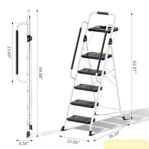 KINGRACK 5 Step Ladder, Folding Step Ladders for Home, 800lb Capacity,White - size: 5-STEP