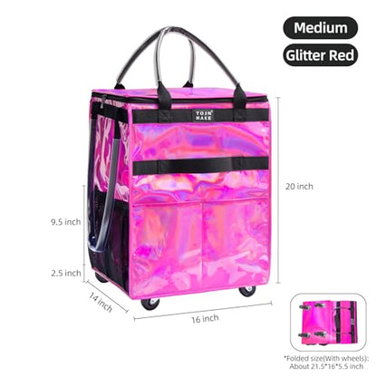 Reusable Grocery Bag with Wheels, Medium Glitter Pink Rolling Tote - color: Glitter Pink, size: Medium