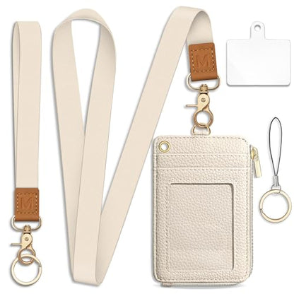 Piefly Beige Lanyard Wallet with ID Badge Holder, Small Slim RFID Keychain - color: A-white