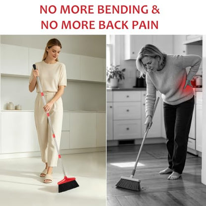 Broom and Dustpan Set,54.72"Long Handle,Standing Dustpan,Black&Red - color: Red Black