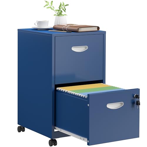 SteeLoong 2 Drawer File Cabinet,Metal Mobile File Cabinet with Lock Blue - color: Blue, style: 2 Drawer on Wheels