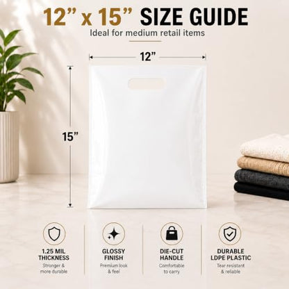 White Plastic Merchandise Bags, Die Cut Retail Shopping Bags for Small Business, Boutique & Store Packaging, 1.25 Mil, 9x12, 12x15, 15x18, Packs of 100, 200, 500 (100, 12x15) - size: 12x15