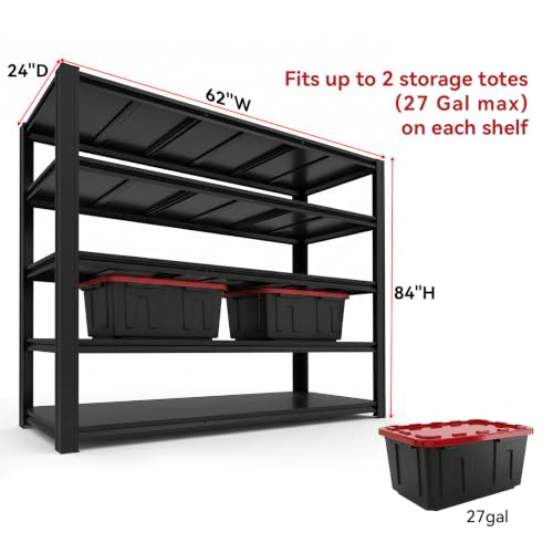 5-Tier Heavy Duty Garage Shelving, 5000LBS Capacity, 84" H x 62" W x 24" D, Boltless Adjustable Metal Storage Rack for Garage, Warehouse, Basement, Shop, Pantry, Black - size: 84"H x 62"W x 24"D