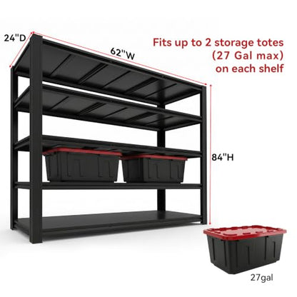 5-Tier Heavy Duty Garage Shelving, 5000LBS Capacity, 84" H x 62" W x 24" D, Boltless Adjustable Metal Storage Rack for Garage, Warehouse, Basement, Shop, Pantry, Black - size: 84"H x 62"W x 24"D