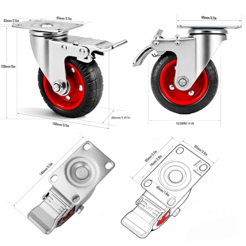 4 Inch Caster Wheels Heavy Duty with Dual-Lock Safety Brake and Rubber Tire Wheels, Heavy Duty - 300 Lbs Per Caster for Workbench, Trolley, Cabinet, Swivel Rubber Wheel 4-Packs with mounting Hardware - size: 4 Inch