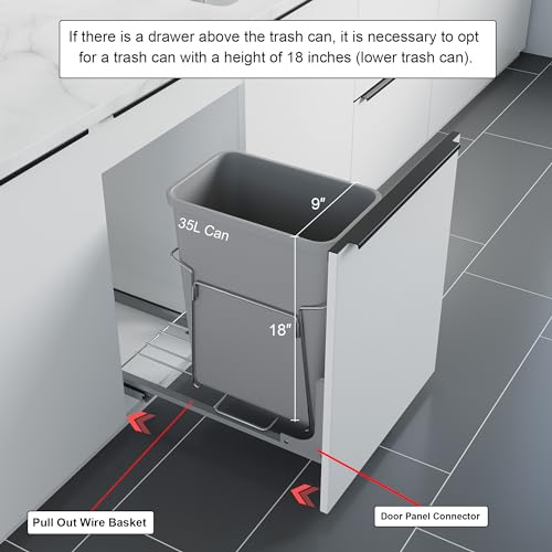 Dowell B15 Aluminum Base Wastebasket Pullout with Door Mount and 35Qt/9Gal Plastic Bin (4012 0115+35) - size: Single Pull-Out - 35Qt