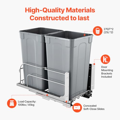 VEVOR Pull-Out Trash Can, 27 QT x2 Double Under Mount Kitchen Waste Container, Heavy Duty Garbage Recycling Bin with Door Kit and Soft Close Slide, for Kitchen Cabinet, Sink, Under Counter (Grey) - size: 54QT