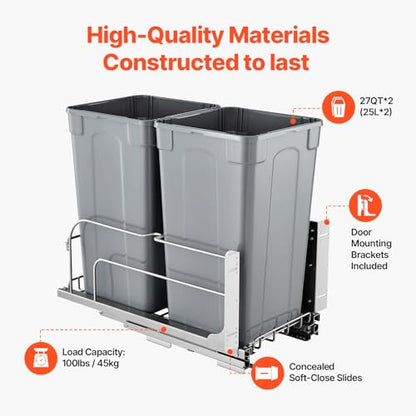 VEVOR Pull-Out Trash Can, 27 QT x2 Double Under Mount Kitchen Waste Container, Heavy Duty Garbage Recycling Bin with Door Kit and Soft Close Slide, for Kitchen Cabinet, Sink, Under Counter (Grey) - size: 54QT