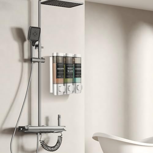 Shower Soap Dispenser Wall Mounted No Drill Shampoo Dispenser for Shower Wall Shampoo and Conditioner Dispenser Bathroom Hotel 3 * 350ml with Waterproof Labels Silver - color: Silver