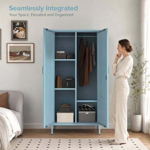 Metal Armoire Wardrobe Closet, 67" Tall Blue Lockable Wardrobe Cabinet with 2 Doors, Hanging Rod and Adjustable Shelves, Steel Clothing Storage Cabinet for Bedroom, Home, Cloak Room, Gym, Office - color: Ocean, style: Wardrobe-67"H-JS