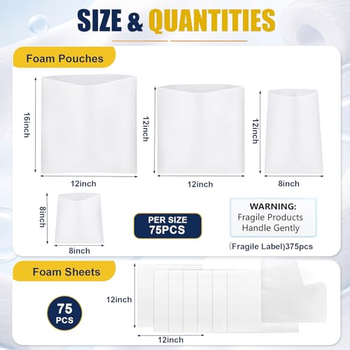 750 Pcs Packing Supplies for Moving 300 Cushion Foam Pouches 4 Sizes (16x12", 12x12", 12x8", 8x8") 75 Pcs 12x12" Foam Sheets with 375 Fragile Stickers for Moving Dish Glass Storage Transport