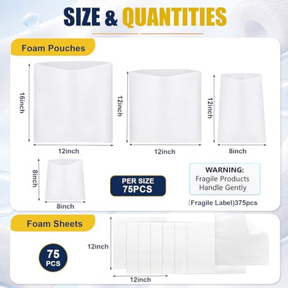 750 Pcs Packing Supplies for Moving 300 Cushion Foam Pouches 4 Sizes (16x12", 12x12", 12x8", 8x8") 75 Pcs 12x12" Foam Sheets with 375 Fragile Stickers for Moving Dish Glass Storage Transport