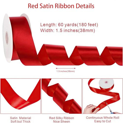 woric Red Satin Ribbon 1.5 Inch 60 Yards for Gift Wrapping - color: Red