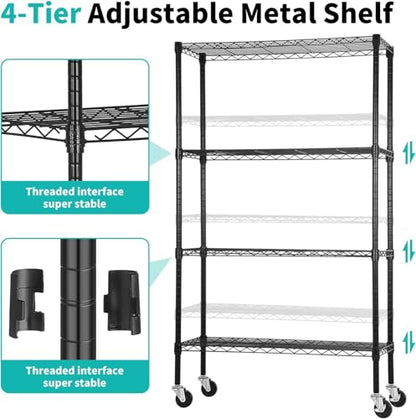 Meet perfect 4-Tier Wire Shelving Unit with Wheels, 36 x 14 x 62 in, Black - color: Black, size: 4-Tier, 62"H × 36"W × 14"D