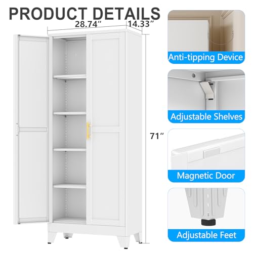 pozdeg 71" White Steel Tall Garage Storage Cabinet - color: White, size: 14.33"D x 28.74"W x 71"H