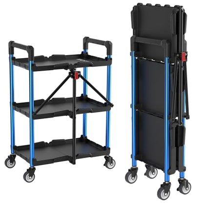 WORKPRO 3-Tier Collapsible Utility Cart, 210 LBS Cart with Wheels - color: Black/Glossy Blue