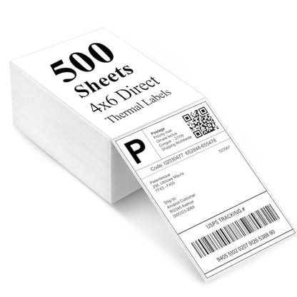 LotFancy 4x6 Thermal Labels, 500 Shipping Labels with Perforation, Permanent Adhesive, White Mailing Label Stickers, Compatible with Rollo, Zebra Thermal Printers - size: Fanfold 1 Stack 500 Labels