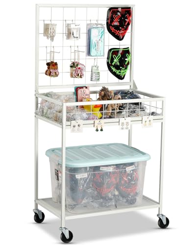 AHOWPD Grid Wall Panels Display Cart - Rolling Heavy Duty Metal Wire Grid Wall Display Stand Rack with 10 Hooks & 10 S Hooks for Craft Shows, Retail Art Fair and Flea Market (White Cart, 1 pc) - color: White Cart