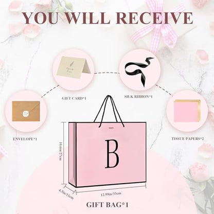 ZUKEPU Birthday Gift Bag, Personalized Initial Pink Gift Bags for Women & Girls, Medium Valentines Gift Paper Bags with Card and Tissue Paper, Stands up perfectly for Weddings, Party & All Holidays (Pink, B-Medium) - size: B-Medium