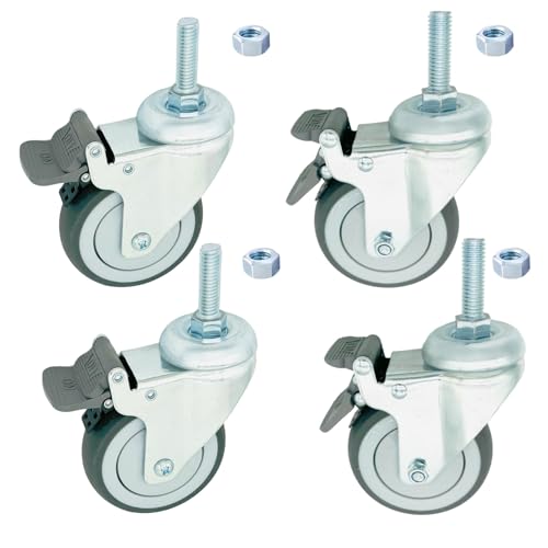 4 inch Swivel Caster Wheels Heavy Duty with Nylon Brake, 1/2" x13-1-1/2 Threaded Stem Casters Set of 4, TPR Rubber Wheels for Hospital, Lab, Furnitures,Restaurant - color: Grey TPR, size: 1/2"-13x1-1/2", style: 4 PA brake