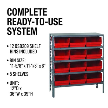 Quantum Storage Systems 1239-209RD Store More Steel Shelving Unit with 6" Shelf Bins, 12" D x 36" W x 39" H, Red - size: 39" H x 36" W x 12" D, style: 12" L x 12" W x 6" H 12 STORE-MORE Red Bins