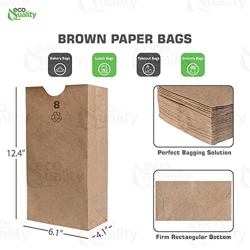 Brown Kraft Paper Bag (8 lb) Small - Paper Lunch Bags, Small Snacks, Gift Bags, Grocery, Merchandise, Party Bags (6 1/8 x 4 1/8 x 12 7/16 in.) (8 Pound Capacity) by EcoQuality (100)
