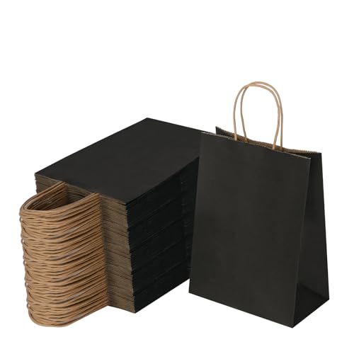 Joybe 100 Pack 5.95x3.25x8 Inch Small Black Paper Bags with Handles Bulk, Kraft Paper Gift Bags for Birthday Party Favors Grocery Retail Shopping Business Goody Merchandise Craft Blank Sacks (100pcs)