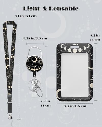Uniclife Fashionable Sliding Badge Holder, Moon & Planets Plastic Card Holder with Retractable Badge Reel Carabiner & Detachable Lanyard, Vertical Card Protector for Office Worker Teacher Student - color: Moon & Planets