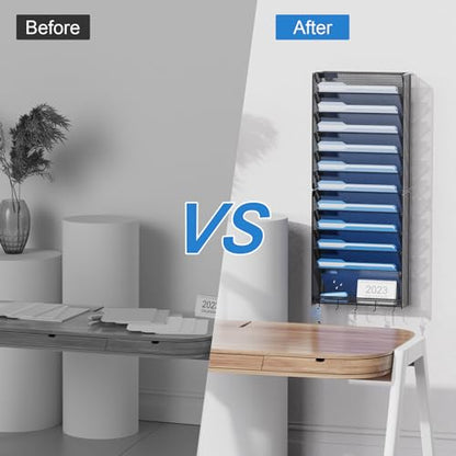 OUTWOLF Hanging Wall File Organizer with Hooks, 12 Tier Vertical Wall Mount File Holder, File Folder Wall Organizer for Office - color: 12 Pocket