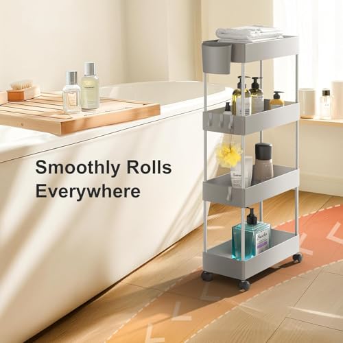 Pipishell 4 Tier Slim Storage Cart with Wheels, Laundry Cart, Gray - color: Gray, size: 4-Tier