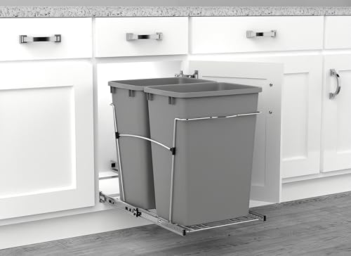 Rev-A-Shelf Double Pullout Garbage Trash Cans for Kitchen Cabinets, 35 Qt - color: Metallic Silver