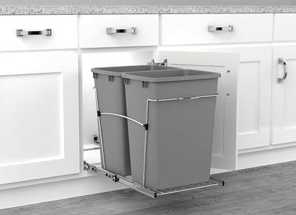 Rev-A-Shelf Double Pullout Garbage Trash Cans for Kitchen Cabinets, 35 Qt - color: Metallic Silver