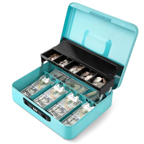 Jssmst Metal Cash Box with Money Tray and Lock, Portable Cash Drawer, 11.8" - color: Light Blue Code-B