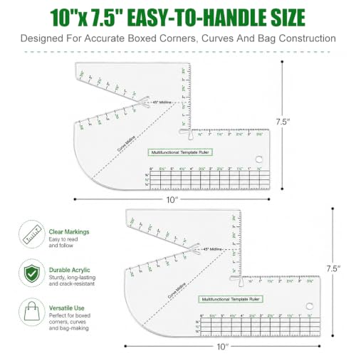 2 Pack Boxed Bag Making Template, 7.5x10 Inch Acrylic Patchwork Ruler Sewing Tools Set for Beginners, 3mm Thick Curve Notion Bag and Zip Pocket DIY Stencils, Transparent