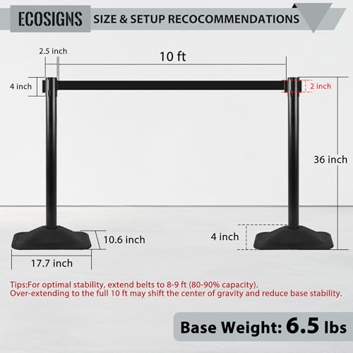 ECOSlGNS 4 Pack Heavy Duty Crowd Control Stanchions for Banks, Events, Retail w/ 10ft Retractable Belt, Non-Slip Weighted Rubber Base (Black) - color: Black, size: Rectangle Base - 4 Pack
