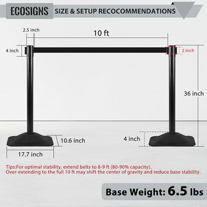 ECOSlGNS 4 Pack Heavy Duty Crowd Control Stanchions for Banks, Events, Retail w/ 10ft Retractable Belt, Non-Slip Weighted Rubber Base (Black) - color: Black, size: Rectangle Base - 4 Pack