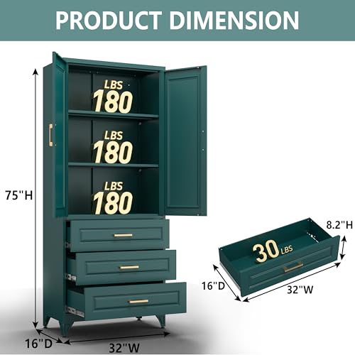 Polup 75" Metal Storage Cabinet, Kitchen Pantry Cabinet with 3 Drawers - color: Green, size: 75"H - 3 Drawers
