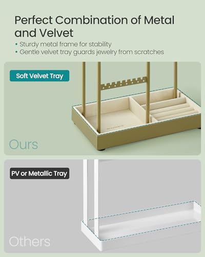 SONGMICS Jewelry Holder, Display Stand, Metal Frame, Velvet Tray - color: Laurel Green, size: 4.5"D x 7.7"W x 12.1"H