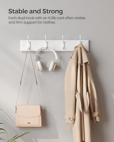 SONGMICS Wall-Mounted Coat Racks, Set of 2, 8 Dual Metal Hooks - color: White, size: 2 Pack-4 Hooks, style: Without Shelf