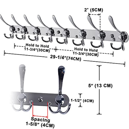Dseap Coat Rack Wall Mount - 29.5” Long 8-Tri-Hooks Heavy Duty Coat Hanger Rail Wall Hooks for Hanging Coats Hats Clothing Clothes Purse Mudroom Entryway, Chromed - color: Chrome Finish, size: L=29.5” (1 Pcs)