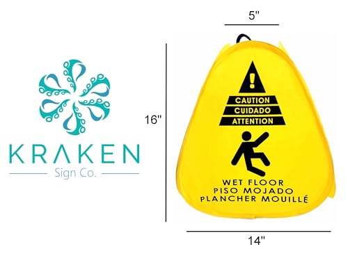 Kraken Sign Co - Pop-up Sign, Yellow 4-Sided Bilingual Trilingual English/Spanish/French Warning, Pop-up Caution Wet Floor Sign 16 inch for Restaurant, Commercial and Industrial Safety. Foldable, Portable, Durable (Yellow, 2 Pack) - size: 2 Pack