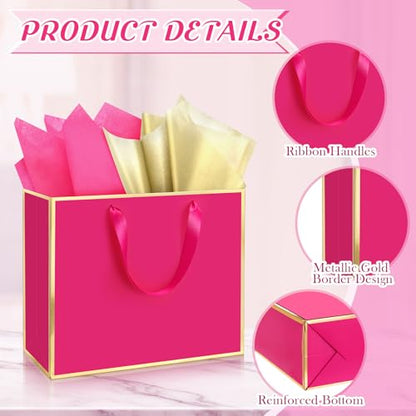 ReliThick 12 Pack Paper Gift Bag with Handles & Tissue, Hot Pink, Gold - color: Hot Pink, Gold